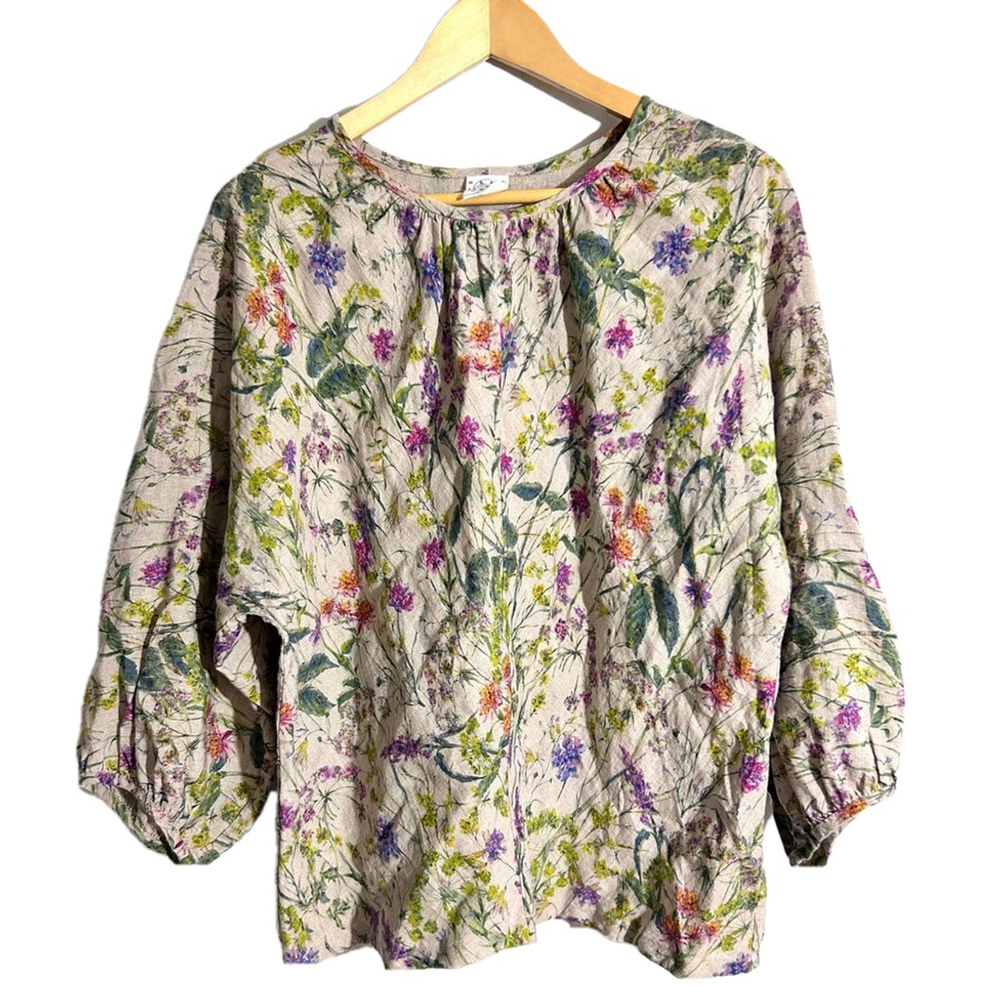 Head in the clouds floral linen top blouse flower print hand painted